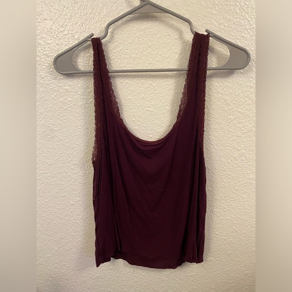 Ribbed American Eagle Burgundy Crop Top with Lace Straps - Picture 3 of 3